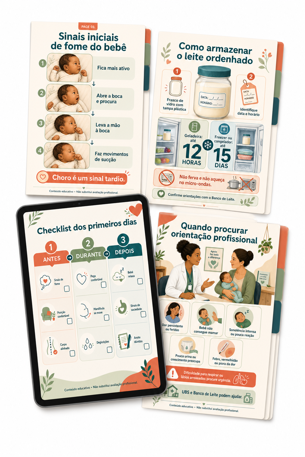 Amostra visual do kit com fichas e tablet mostrando o conteúdo de consulta rápida